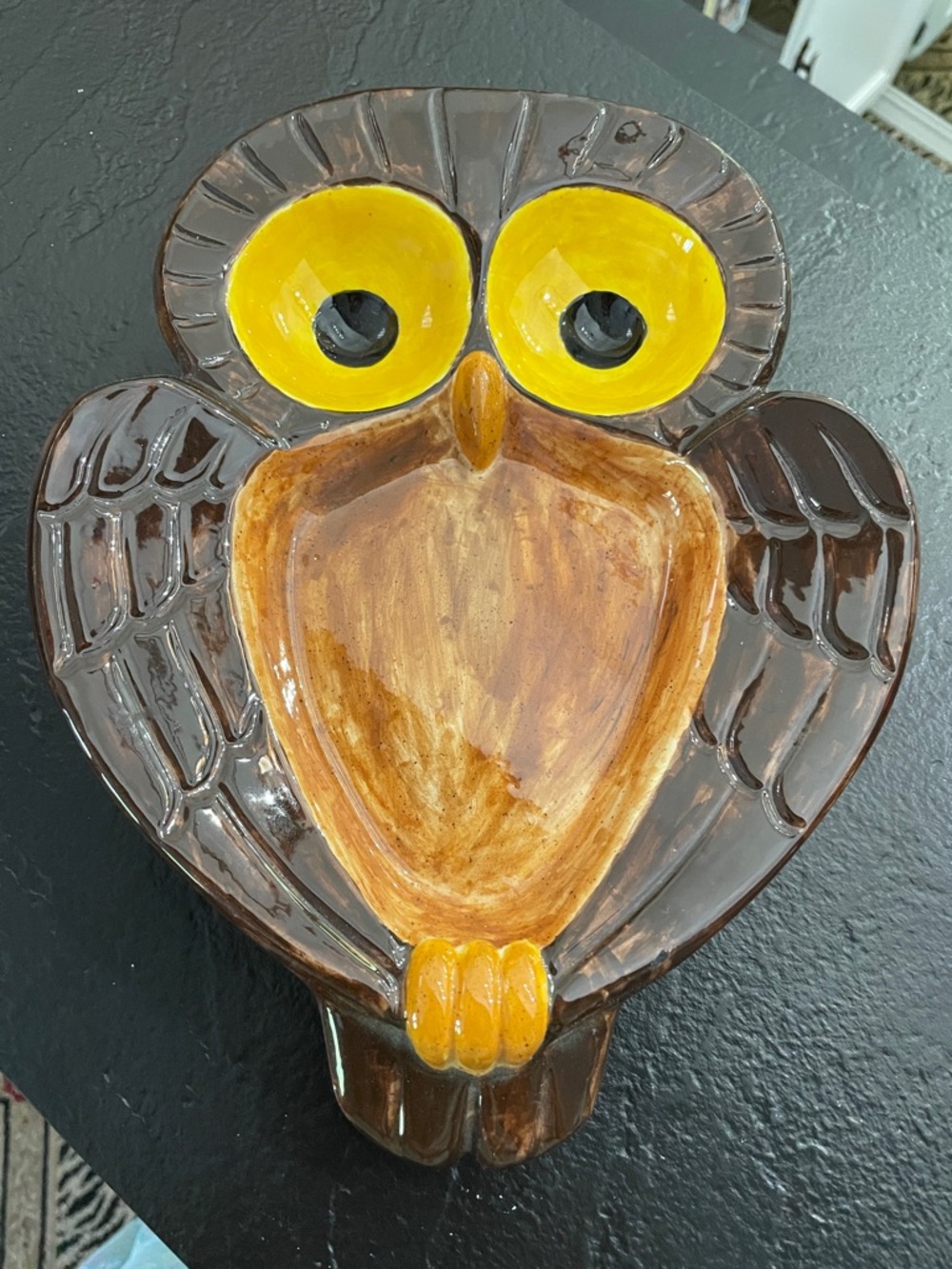 70’s Chic Ceramic Owl Serving Dish - Brown and Yellow So Cute!